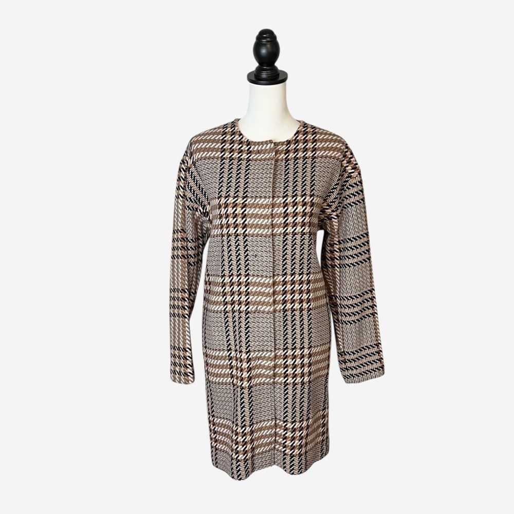 J Jill Wool Blend Plaid Longline Shacket Jacket Oversized Snap Front Brown SP
